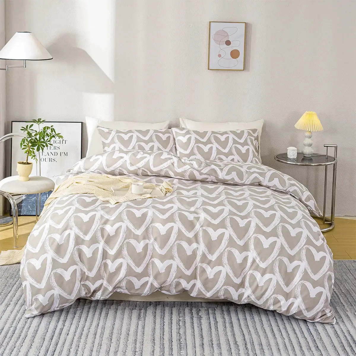 Heart print duvet cover set by Simples Market, gray and beige, 3-piece with 2 pillowcases