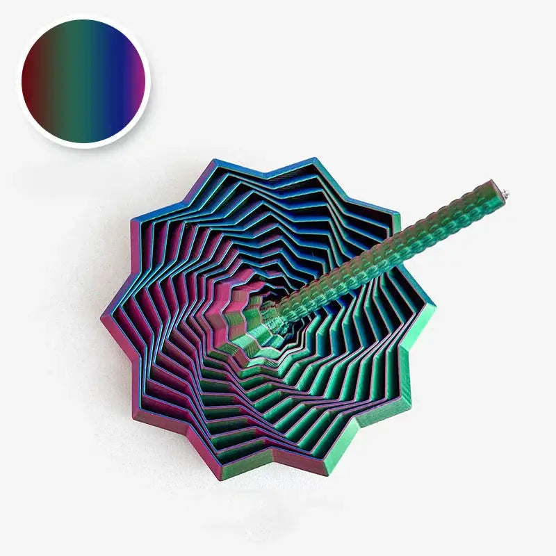 3D-printed iridescent star fidget model with nested hexagonal spirals for stress relief