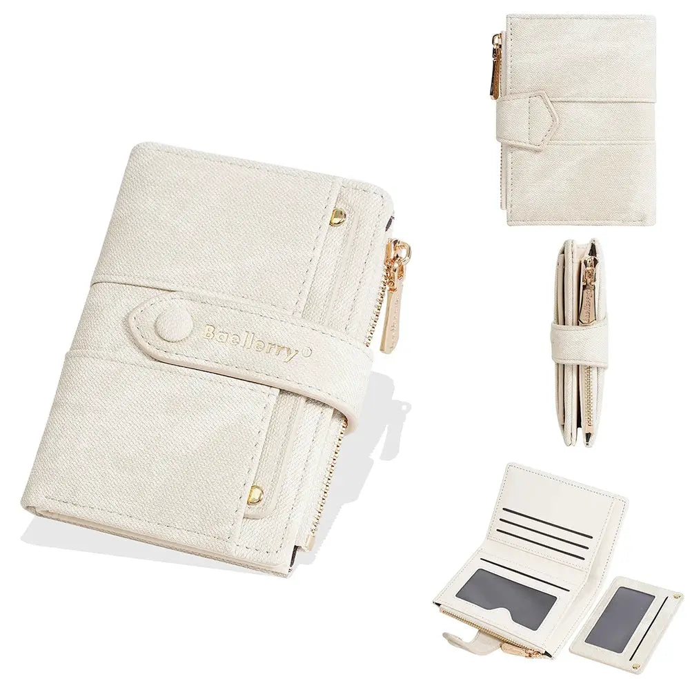 Women's short wallet by Baellerry with zip coin pocket and detachable card clip, cream