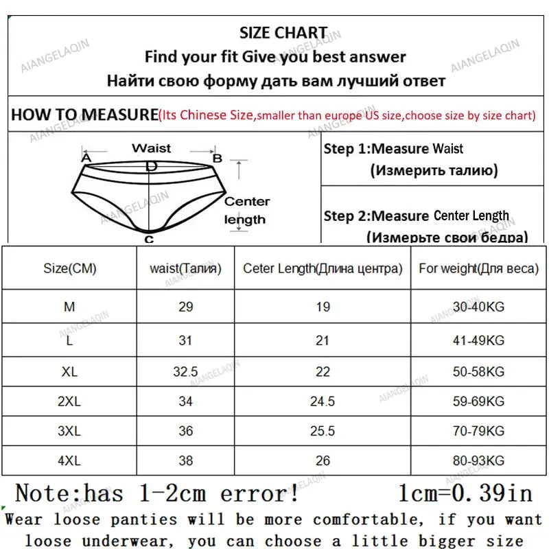 Panties size chart for underwear showing waist, center length, and weight ranges for M-4XL; includes 1-2 cm error.