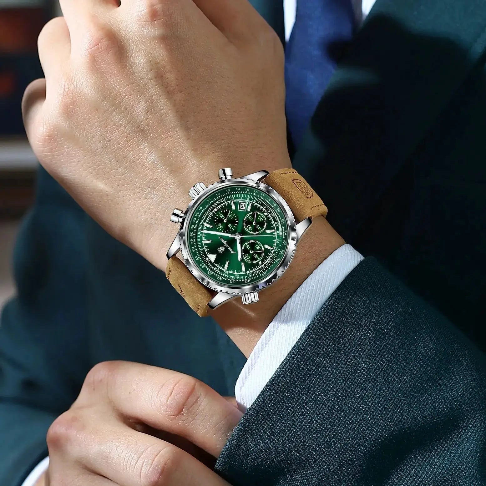 POEDAGAR men's chronograph wristwatch with brown leather strap, green dial, silver case