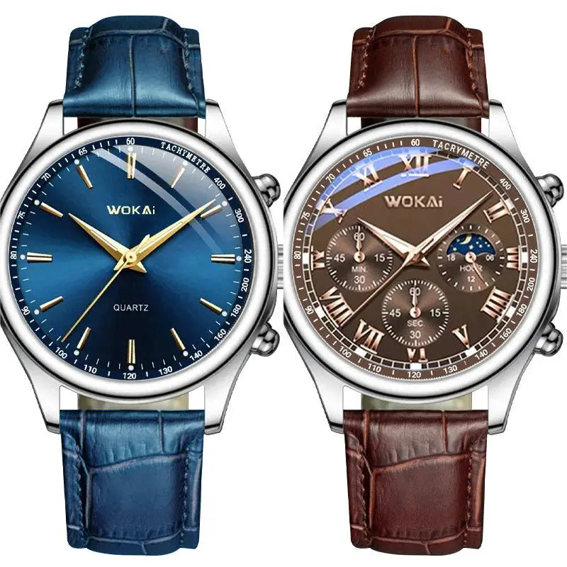 NovaLux Moon Phase Chronograph Leather Mens Watch With Luminous Hands And Complete Calendar