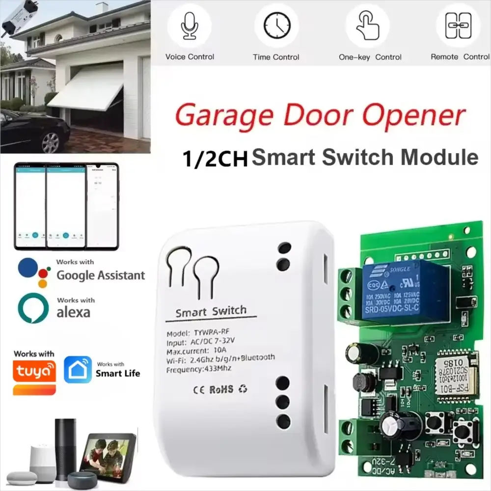 WIFI Smart Garage Door Opener kit with 1/2CH switch module, white controller; Tuya-compatible, Google Assistant and Alexa ready