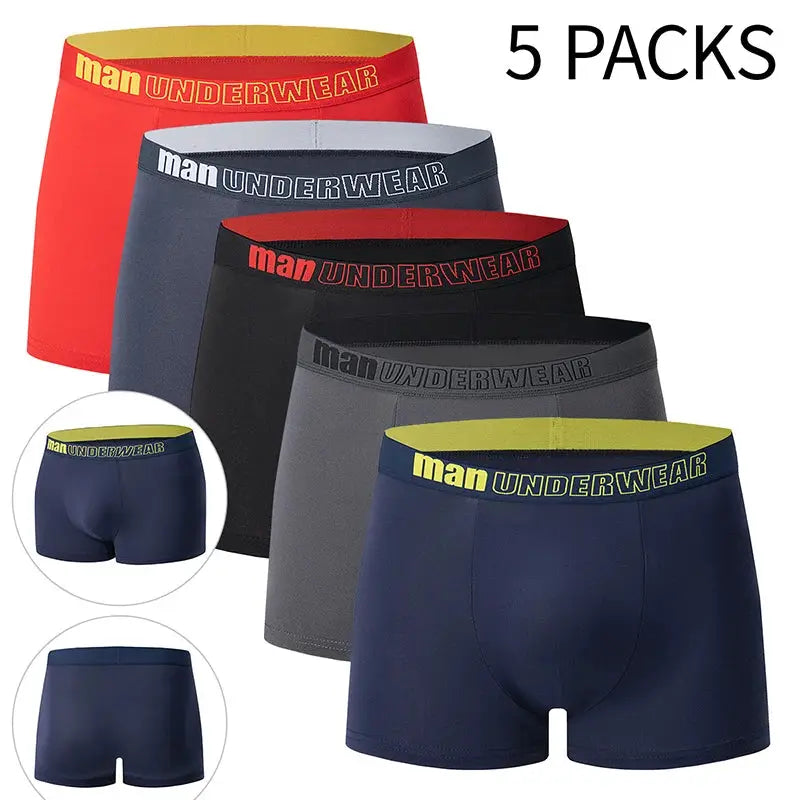 5-pack men's underwear trunks in assorted colors with Man Underwear branded waistband.