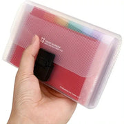 A6 expanding file organizer with 13 pockets, rainbow dividers, and black button closure in a transparent case.