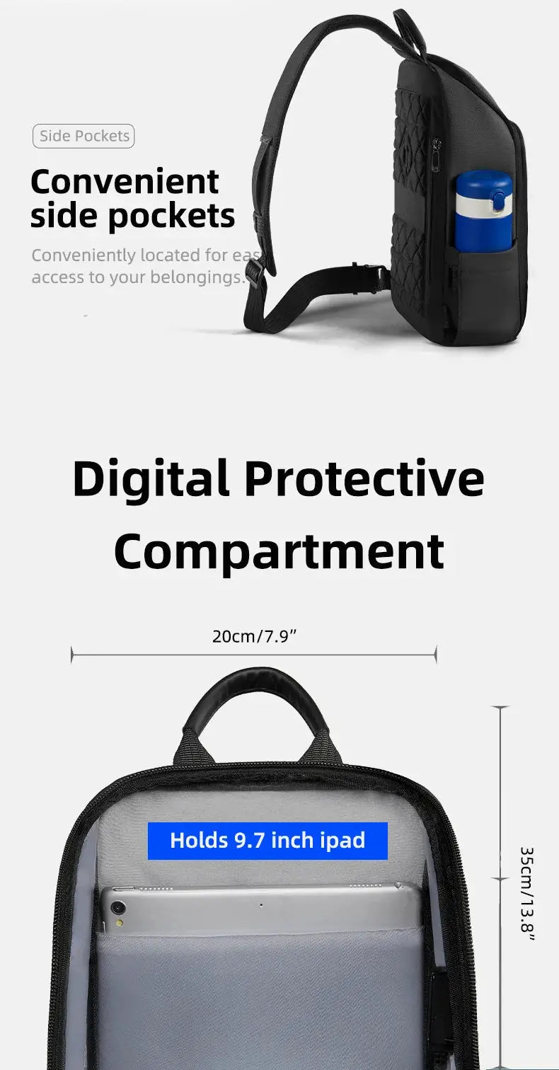 Simples Market HK anti-theft men's shoulder bag, black waterproof crossbody with USB and side pockets