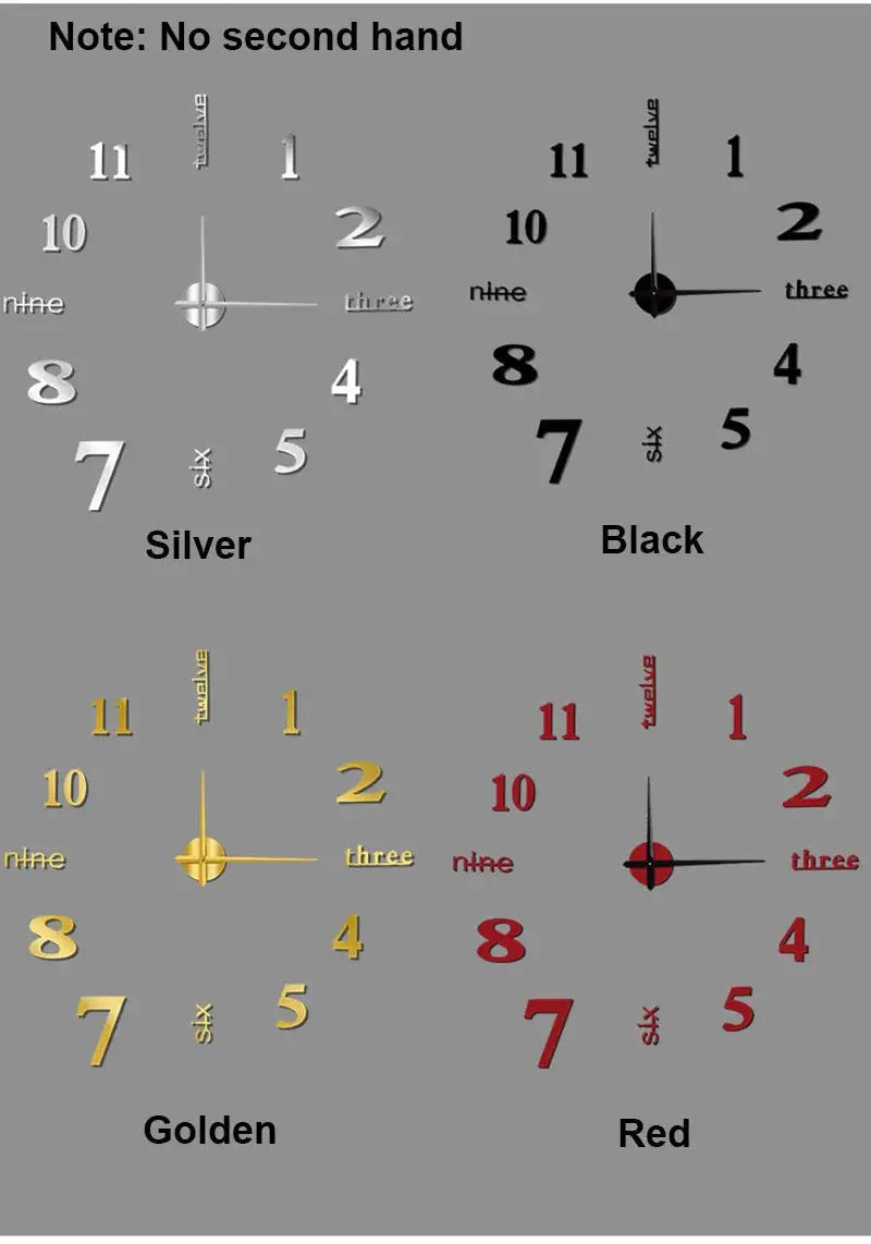 Soundless 3D number wall clock poster set, 90-120 cm, in Silver, Black, Golden, and Red, no second hand