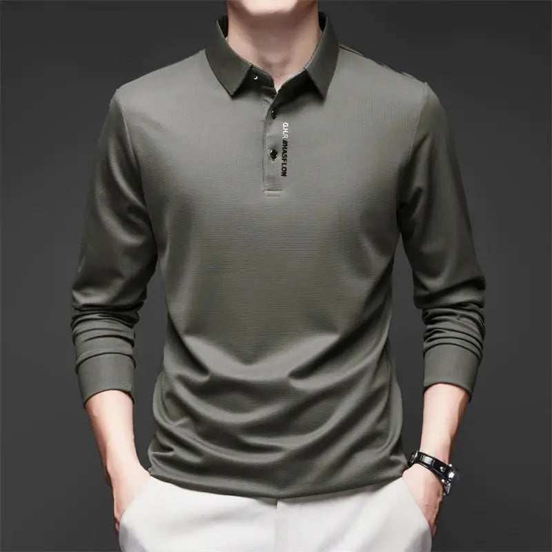 Men's olive green long-sleeve polo shirt by Simples Market, business casual breathable top