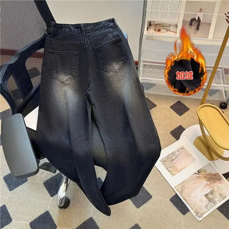 Winter Thick Fleece Jeans Velvet Plush Denim Vintage Slim Trousers