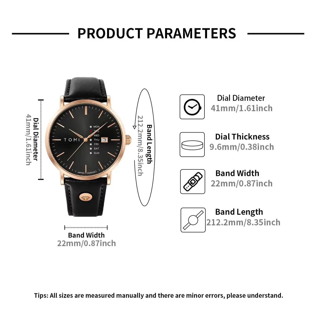 TOMI Trendy Men's Watch with black dial, rose-gold case, black leather strap, weekday calendar