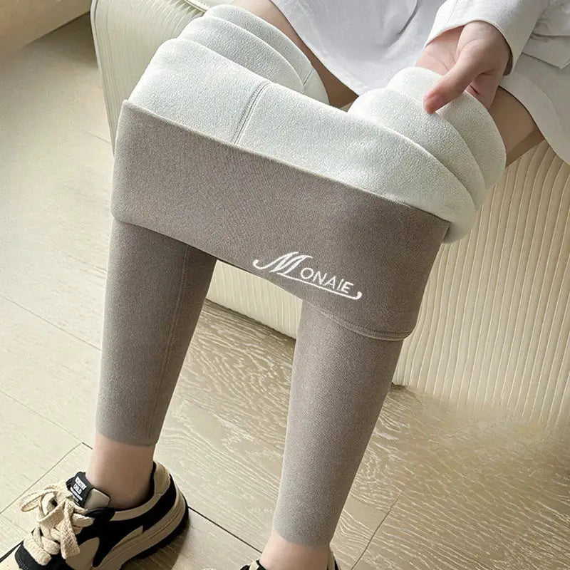 Winter cashmere leggings for women, Simples Market gray high-waist warm tights with MONAIE logo