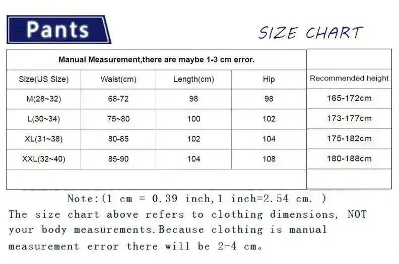 Pants size chart by Simples Market for men's sports pants; waist, length, hip measurements and recommended height (M-XXL)