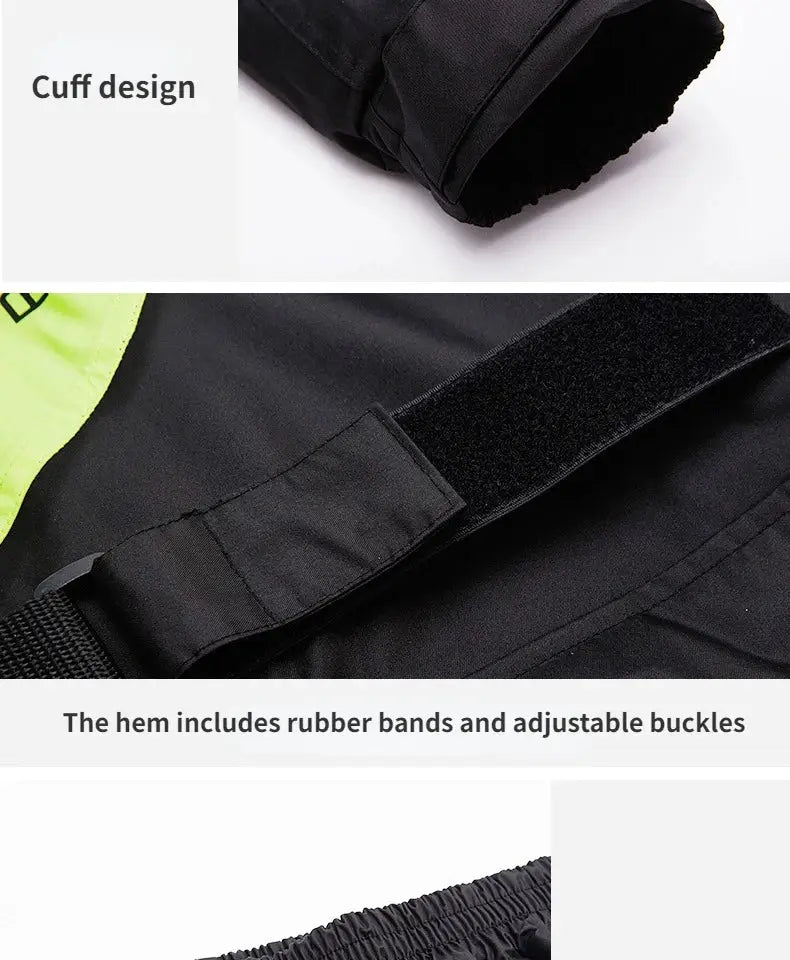 Simples Market POLE motorcycle raincoat set; black breathable waterproof gear with neon yellow panel and adjustable cuffs