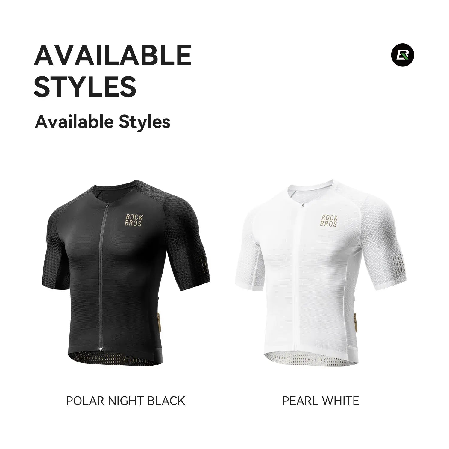 RockBros men's cycling jersey, short sleeves, polar night black and pearl white variants with logo on chest.