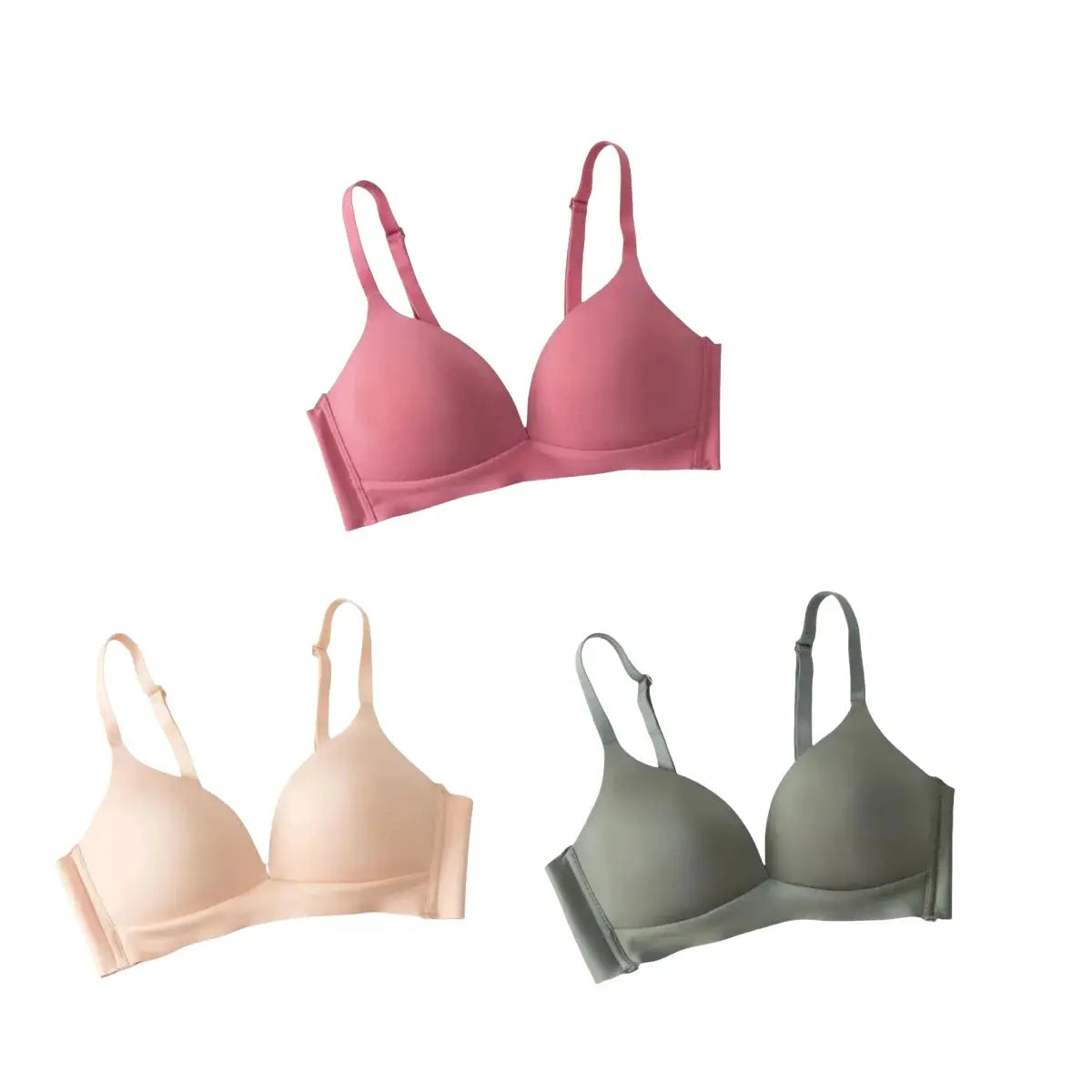 Simples Market 3-pack seamless bras for women, non-wire glossy deep-V 3/4 cup, pink, peach, olive