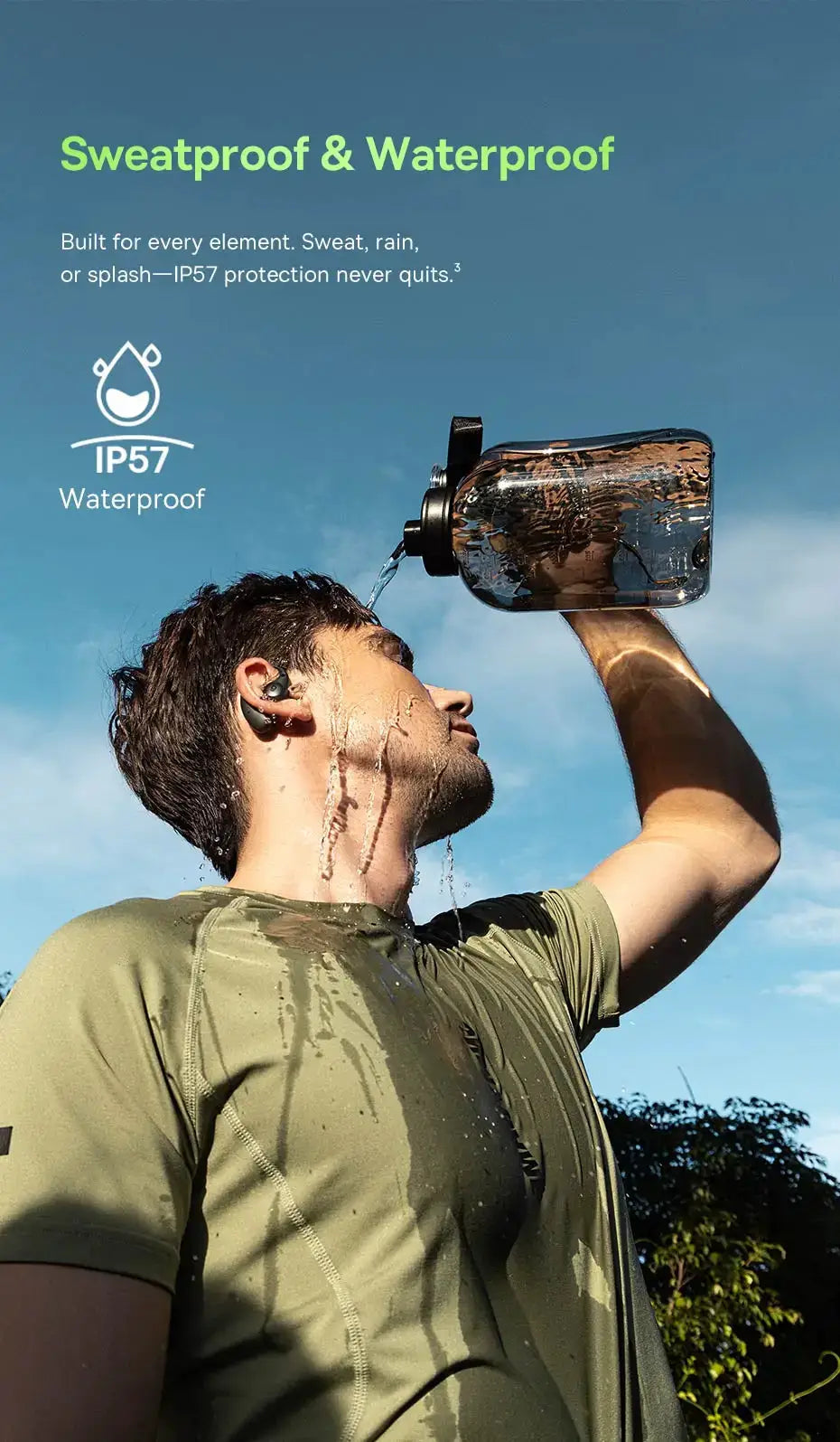 Baseus Eli Sport 2 open-ear wireless earphones with ear hooks; IP57 sweatproof, worn by man outdoors