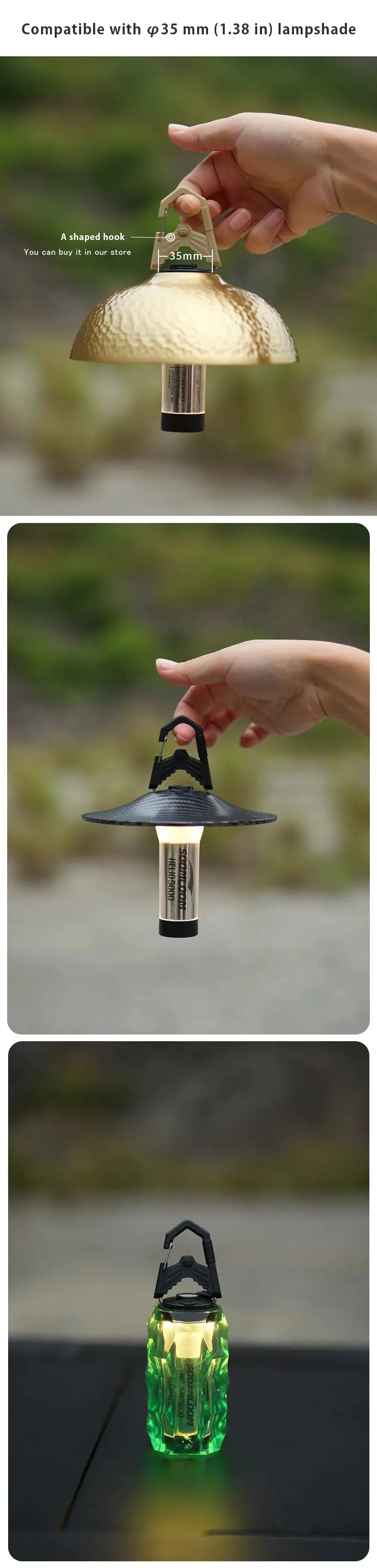 Soomloom Helio 5000 camping lantern by Simples Market; brass-gold finish with hanging hook and 5000mAh battery