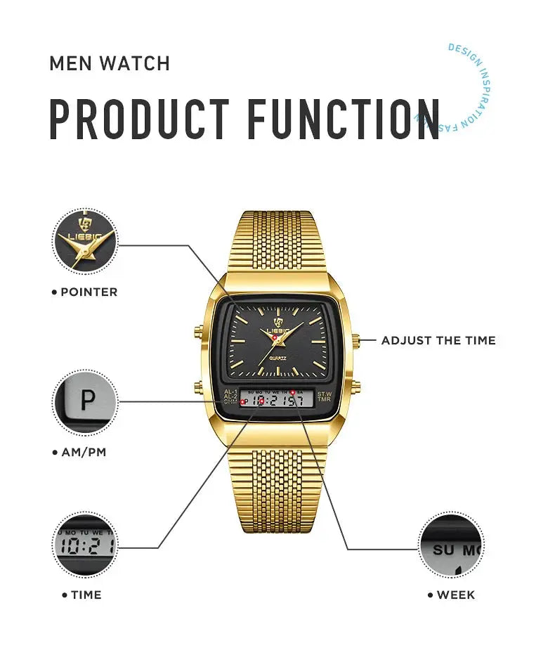 Men's gold-tone digital-analog dual-time wristwatch by Simples Market with a gold mesh band, waterproof 3bar
