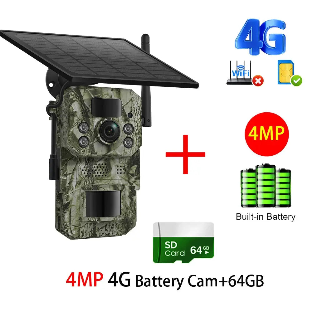 INQMEGA4G camouflage solar trail camera with 4G, built-in battery, and 64GB SD card