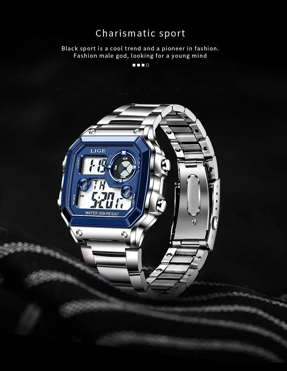 LIGE men's luxury digital sport wristwatch with stainless steel band, blue bezel, water resistant 30m