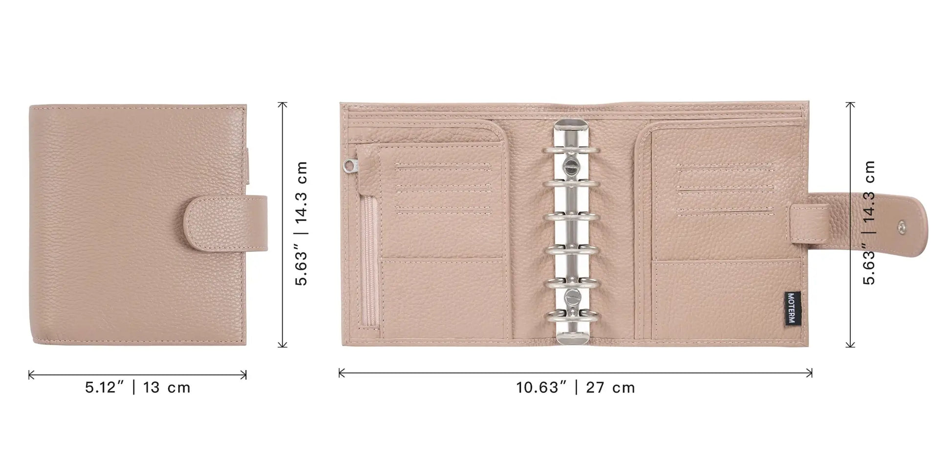Moterm Luxe 2.0 pocket A7 planner in pebbled beige leather with 30mm ring binder and card slots