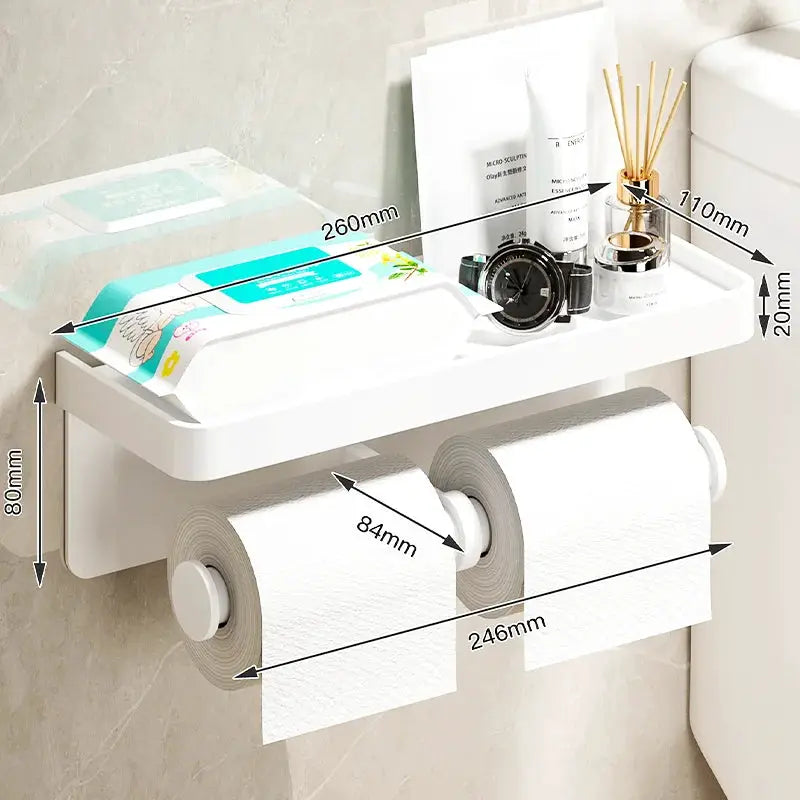 Aluminum alloy wall-mounted toilet paper holder with shelf and phone stand; white finish, holds two rolls