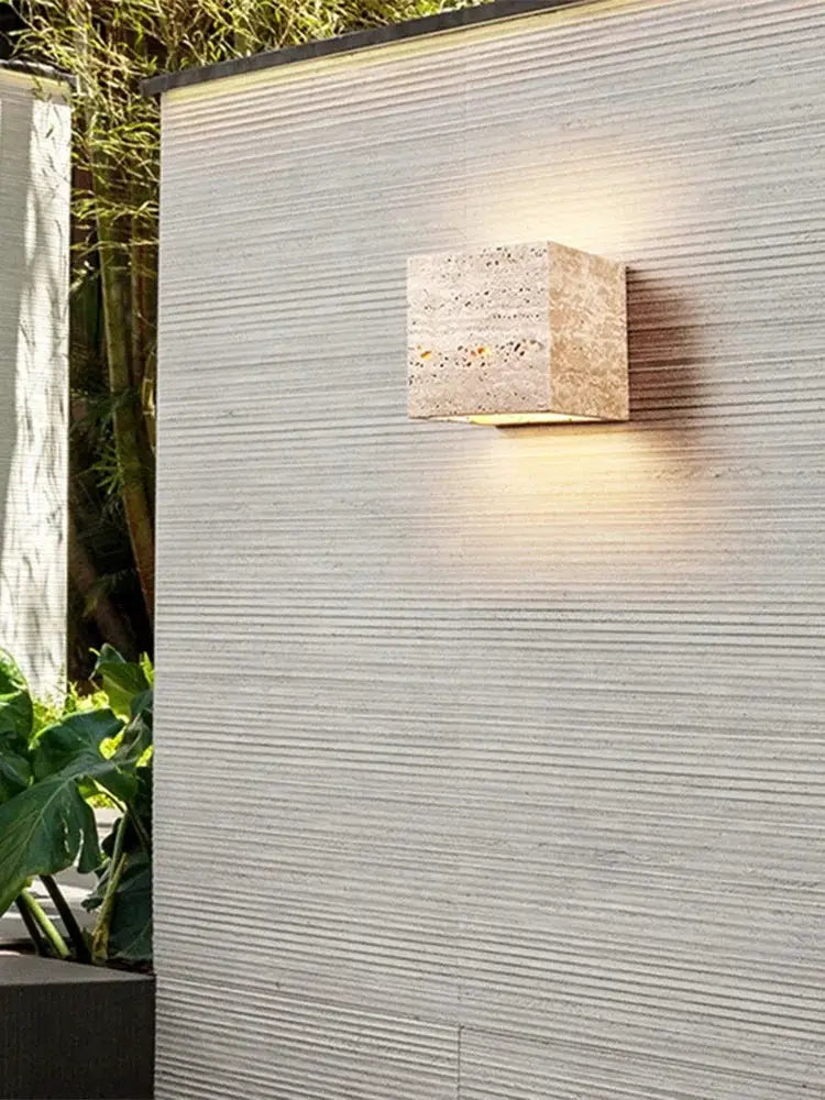 Wabi Sabi yellow marble travertine LED wall lamp, cube design