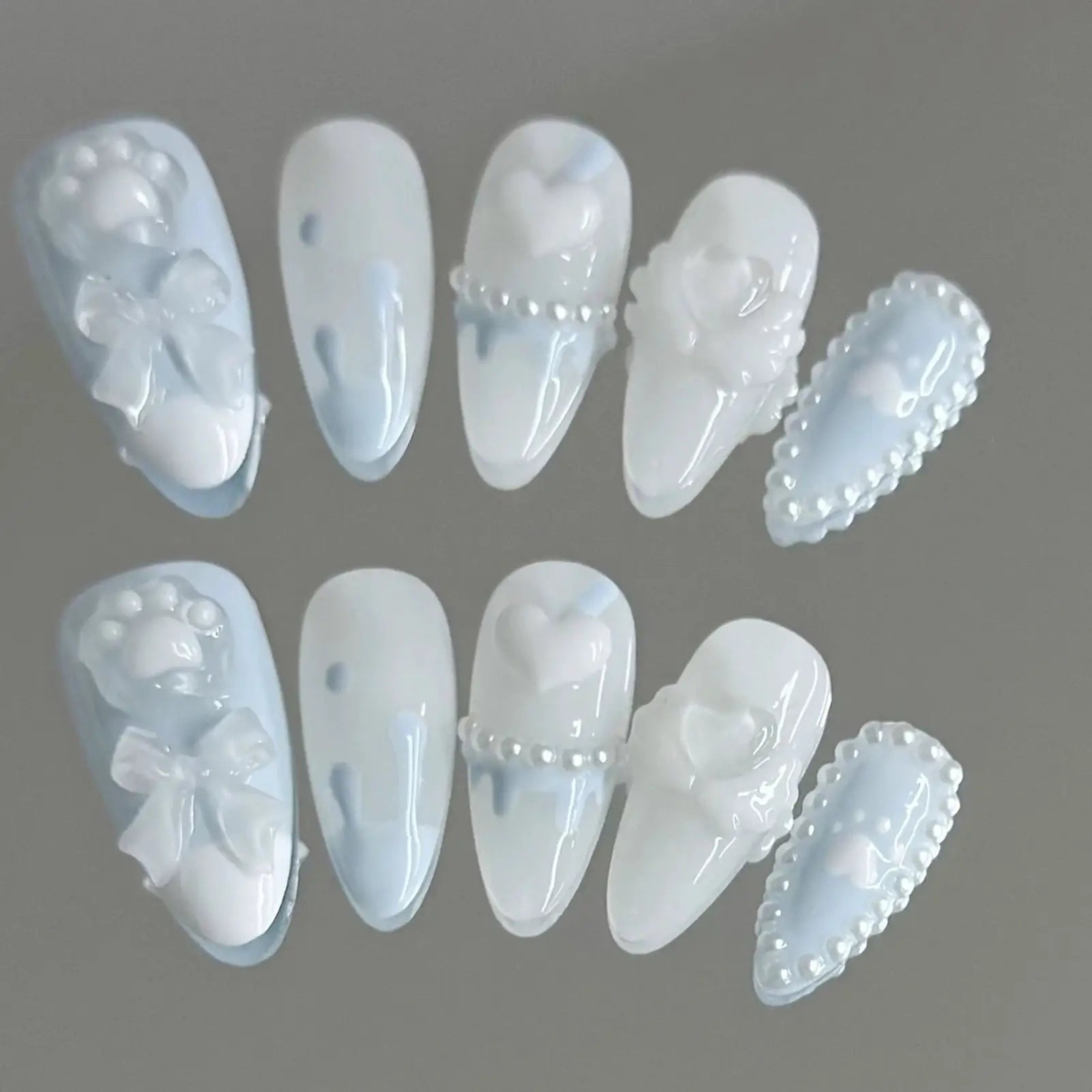 BearPaw Studio Handmade Press On Nails With Bear Paw Design Light Blue Almond Shaped Korean Inspired Aesthetic ABS
