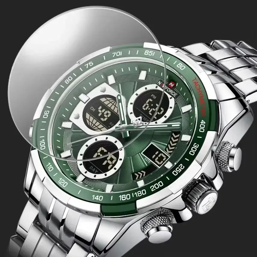 Naviforce men's stainless steel sport watch with green bezel, luminous dual-display quartz