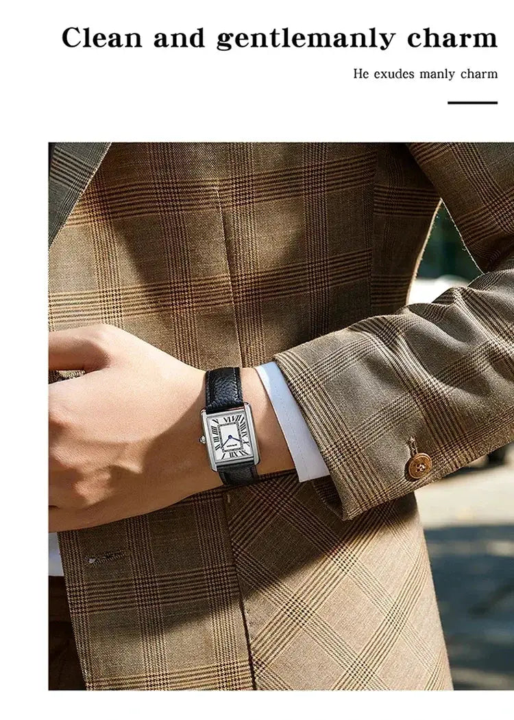SANDA 9031/1108 luxury couple quartz watch with black leather strap, on a man in a beige plaid suit