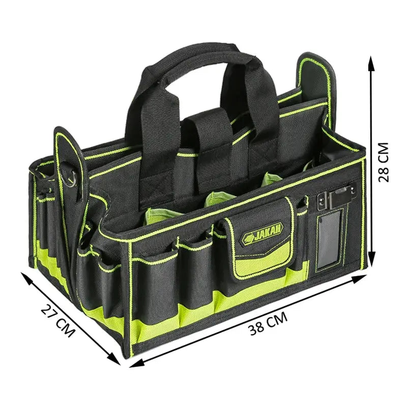 Tool tote bag with 40 pockets in black with neon-green trim, Simples Market, JAKAN logo, 38x27x28 cm