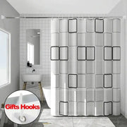 1-piece bathroom shower curtain with hooks in a gray and white geometric square pattern; waterproof, mildew-proof PE EVA fabric