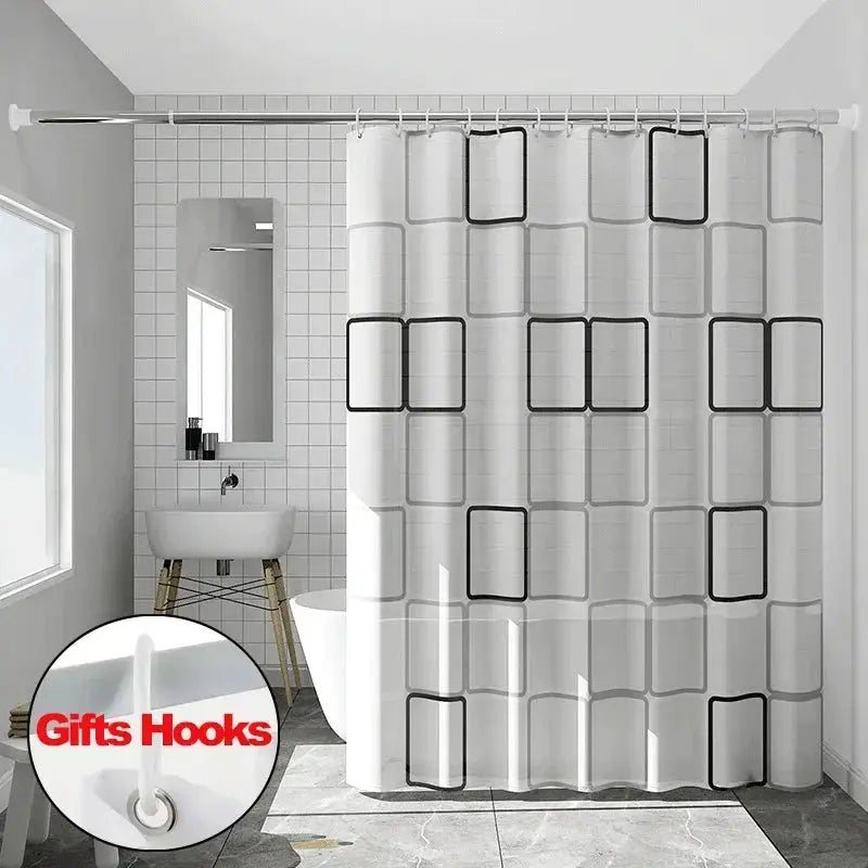 1-piece bathroom shower curtain with hooks in a gray and white geometric square pattern; waterproof, mildew-proof PE EVA fabric
