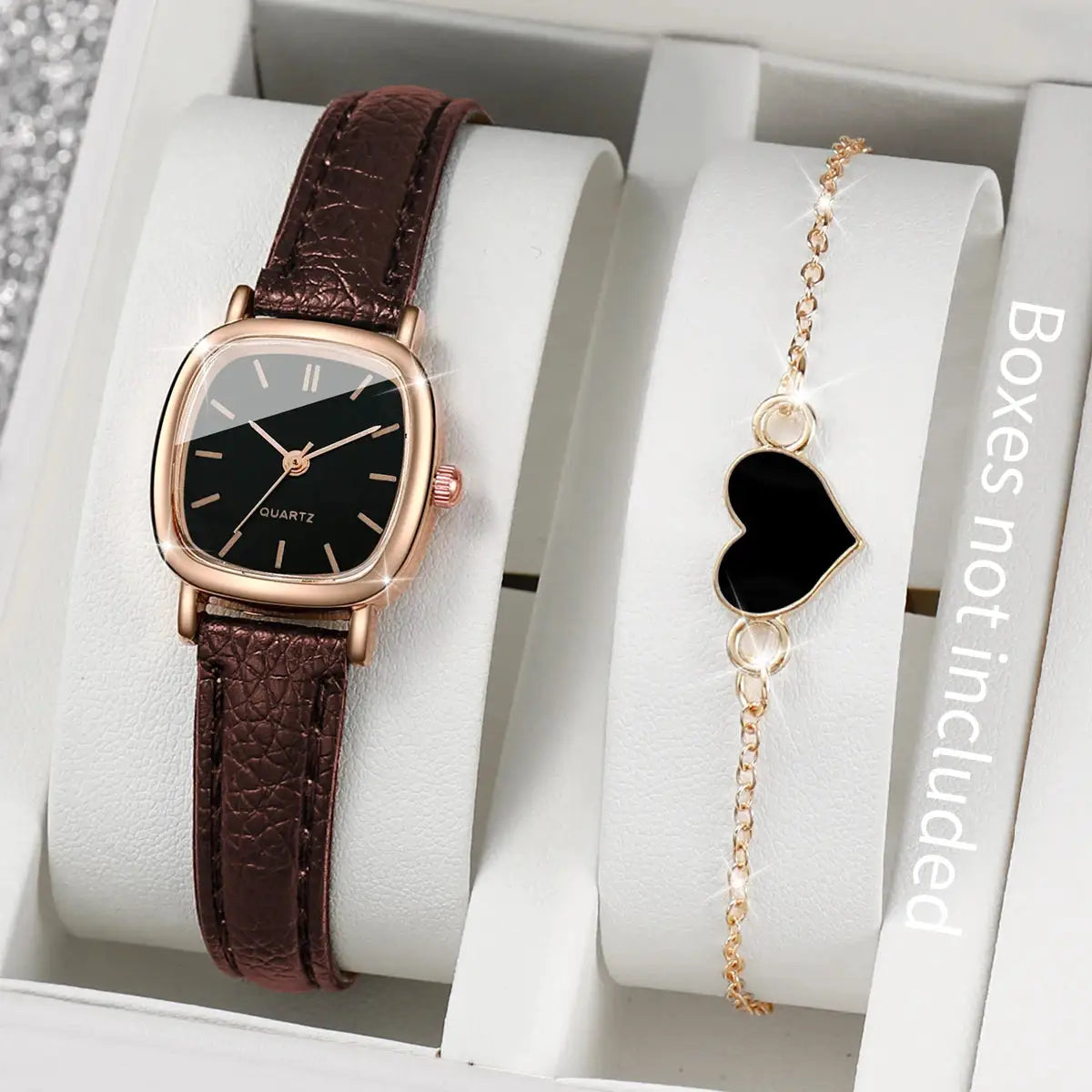 Simples Market 2-piece women's set: square gold-tone watch with brown leather strap and black dial, plus heart bracelet