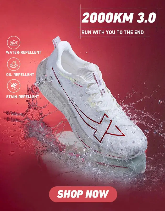 Xtep 2000KM 3.0 white men's running shoe with red accents, water/oil/stain repellents.