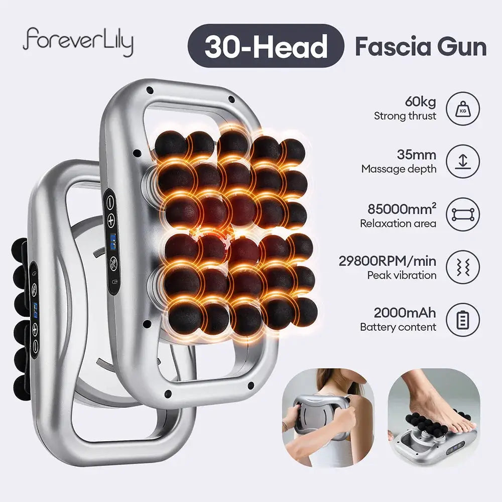 30-Head Fascia Massage Gun by ForeverLily, gray high-frequency body massager with 30 nodes