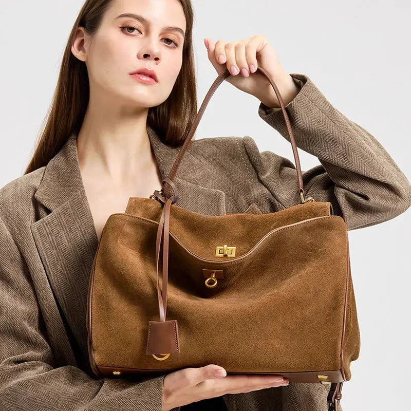 Luxora Autumn Winter Womens Suede Genuine Leather Shoulder Tote Bag Large Capacity Designer Handbag