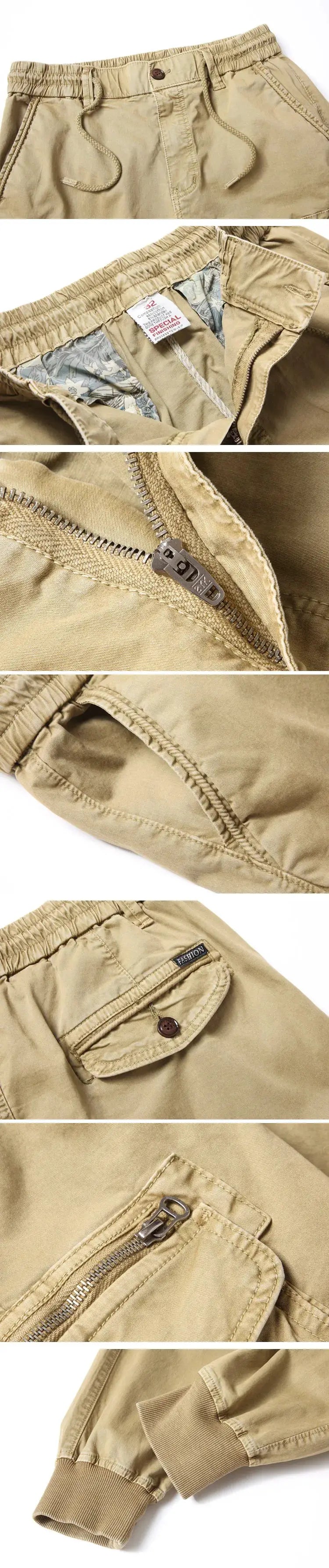 Simples Market men's cotton khaki cargo pants with multiple pockets, drawstring waist, zipper, and cuffed ankles.