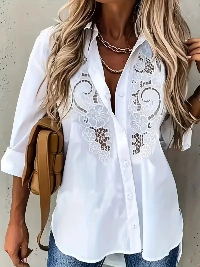 Plus-size white long-sleeve blouse with embroidered hollow-out floral lace panels, Simples Market, tan handbag