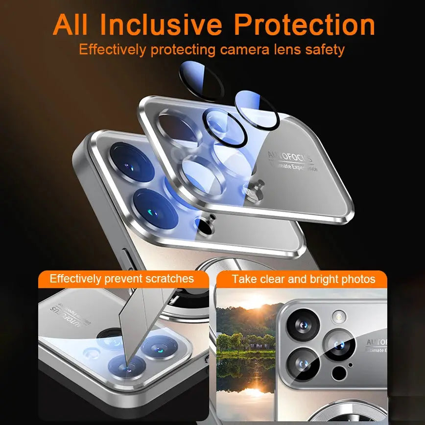 Simples Market luxury glass MagSafe camera lens protector case for iPhone 11–17 Pro Max; crystal clear, shockproof.