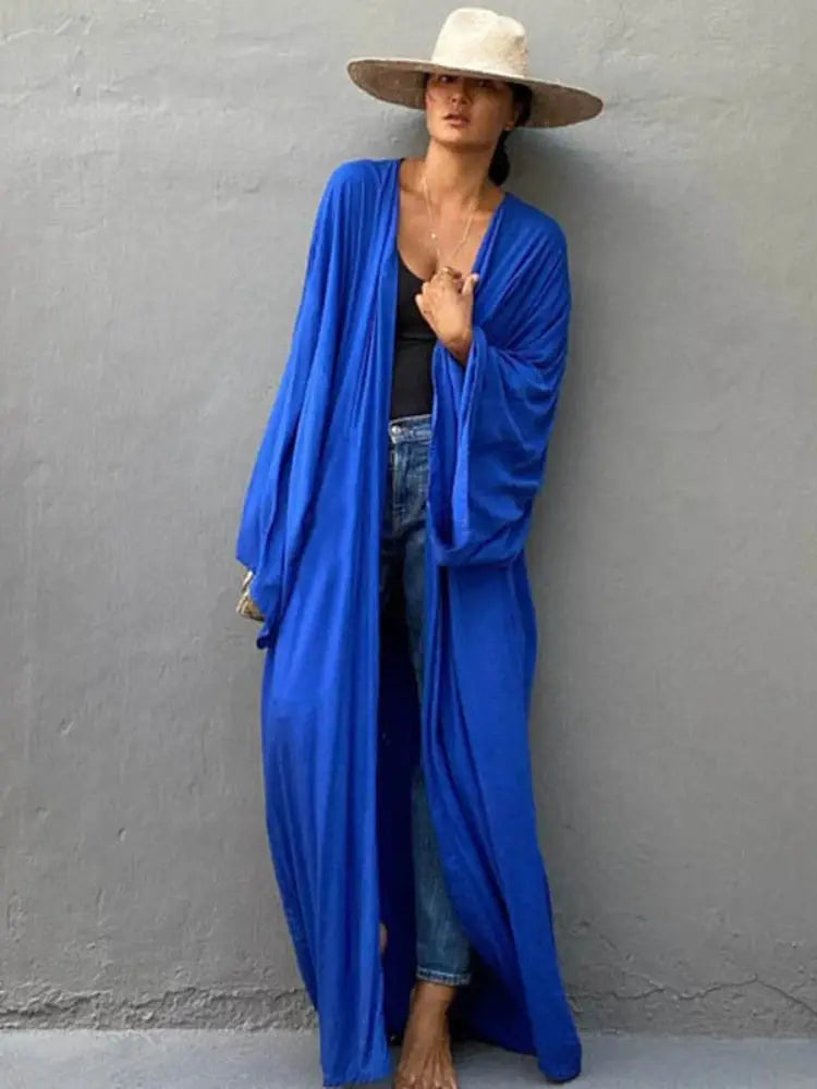 Coastline Solid Beach Cover Up Women Self Belted Wrap Kimono Dress Flattering Wrap Design For Breezy Summer Beachwear