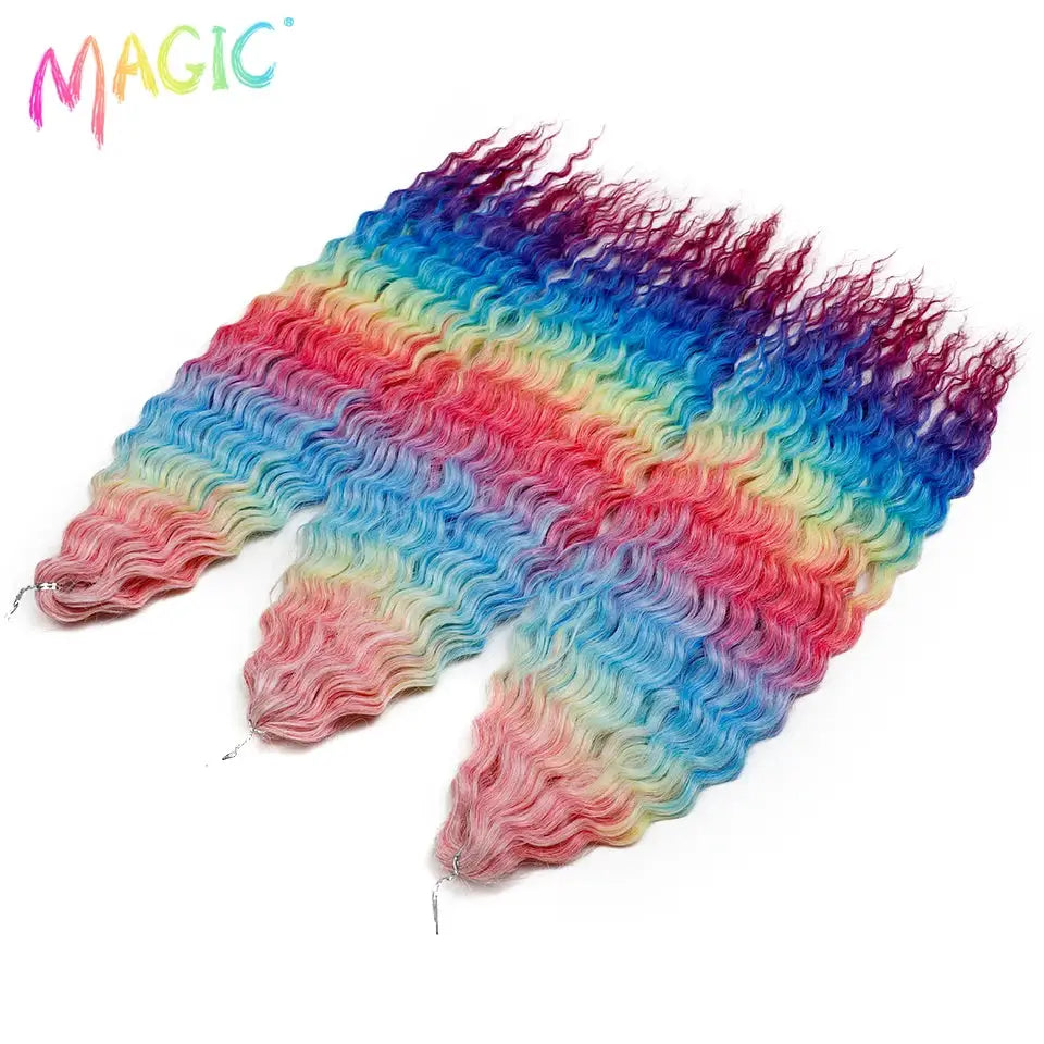 Magic Ariel Curl water wave twist crochet hair bundles, rainbow ombre, 3 packs, 22in, Simples Market