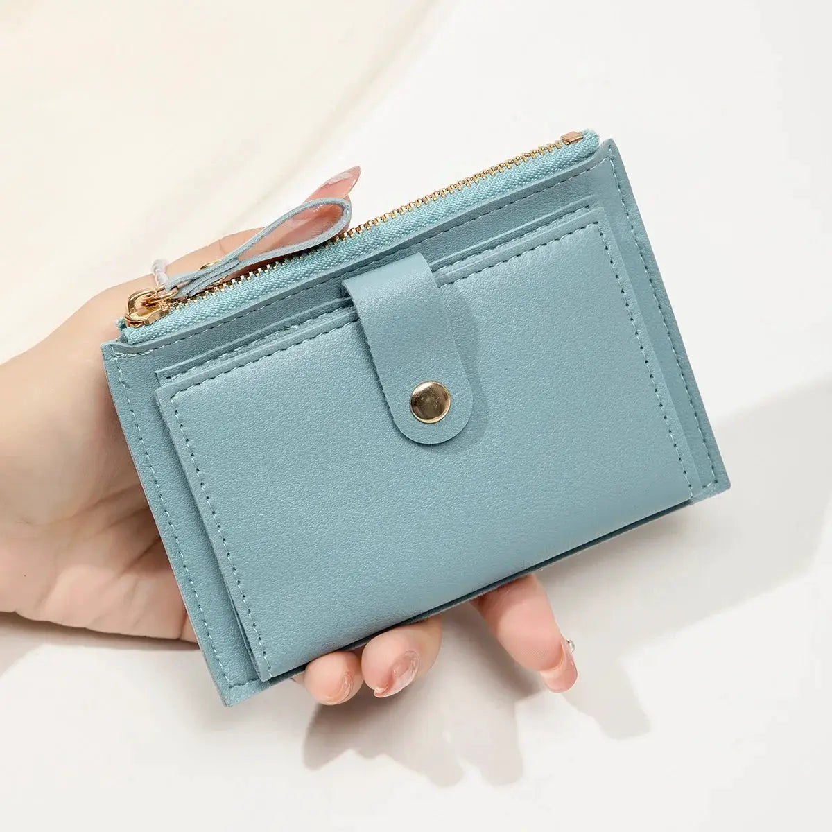 Simples Market women's minimalist short card wallet, ultra-thin PU leather, blue with zip and snap strap