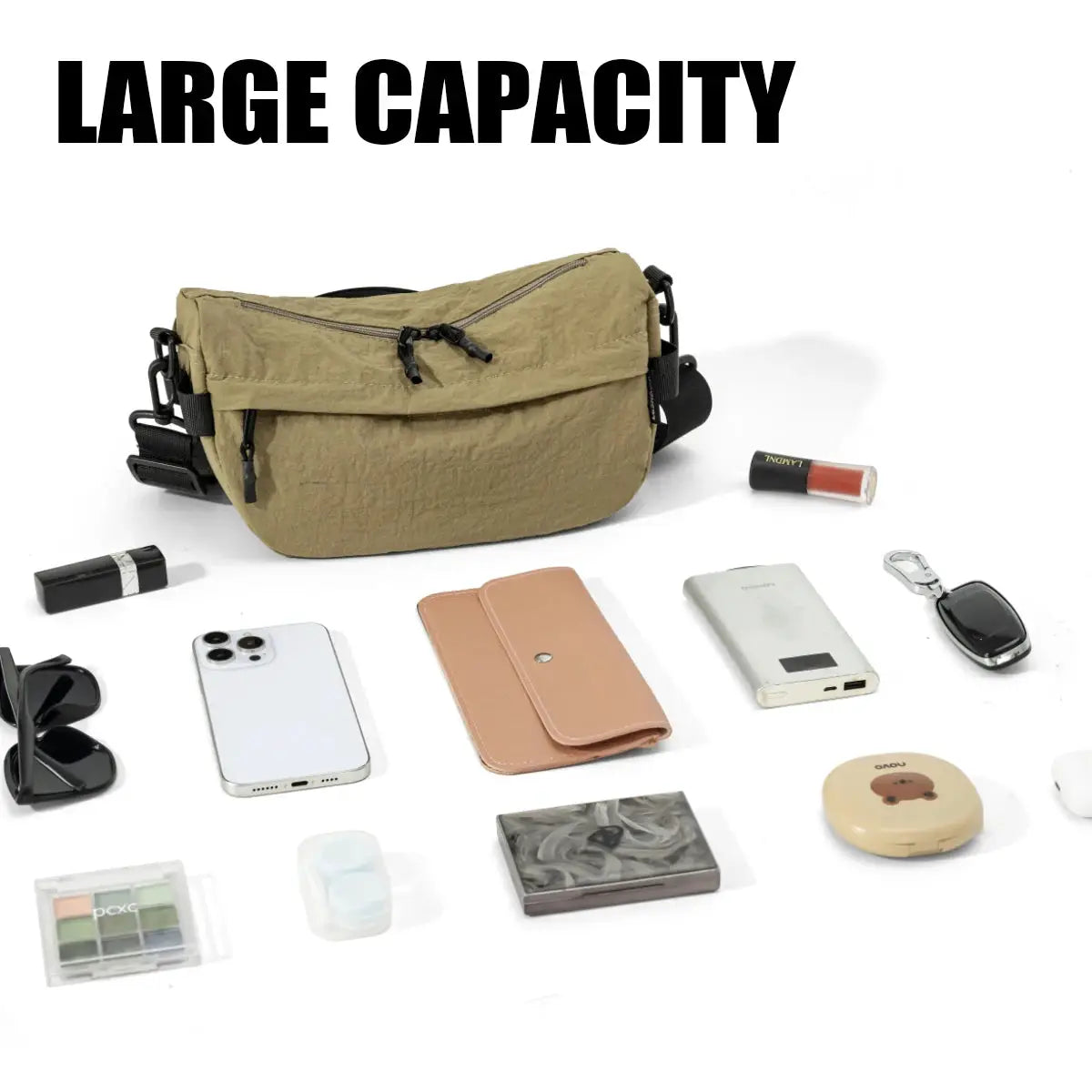 Simples Market Japanese-style waterproof lightweight nylon crossbody bag, tan, multi-pocket, unisex