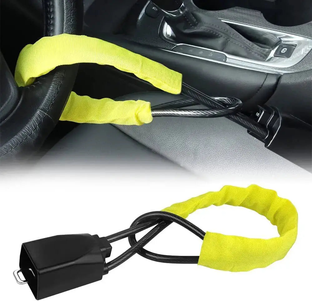 Simples Market car steering wheel lock, yellow fabric-covered steel with 2 keys, anti-theft device.
