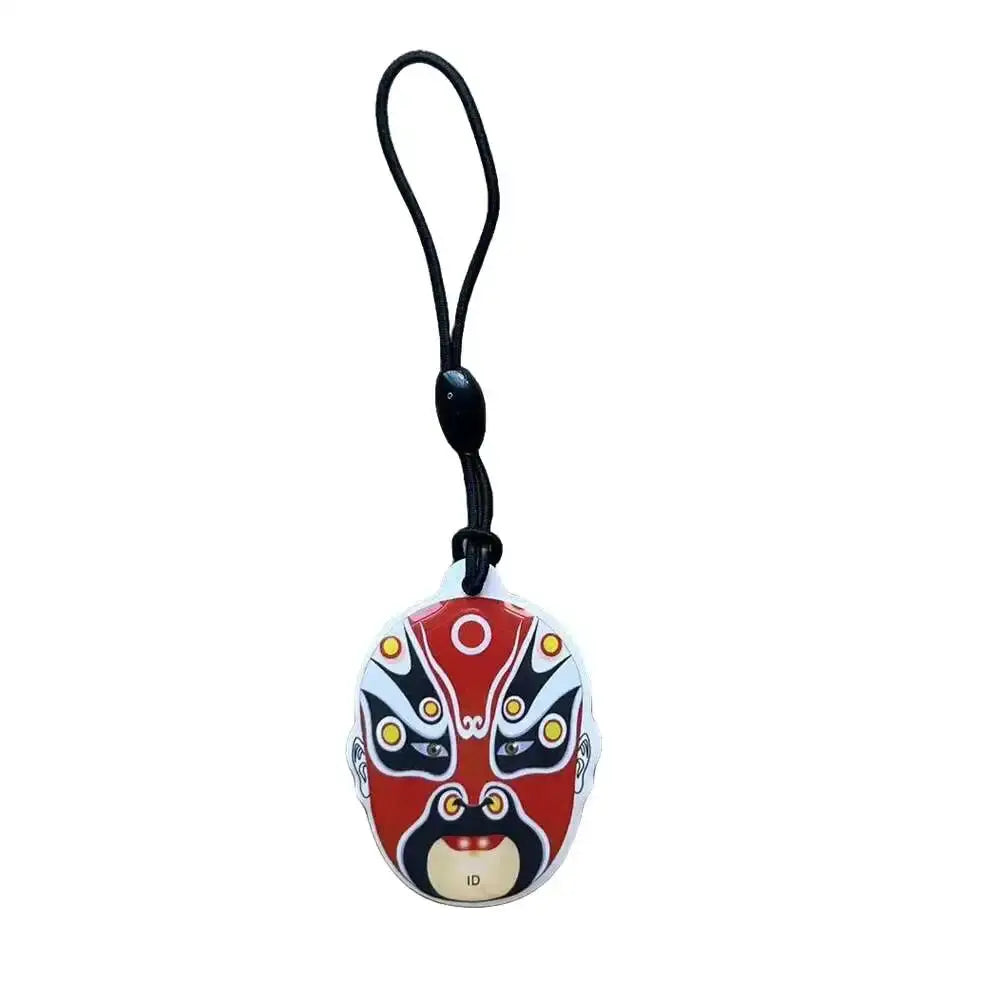 RFID EM4305/T5577 125KHz key tag blank fob with black lanyard featuring a red Chinese opera mask design