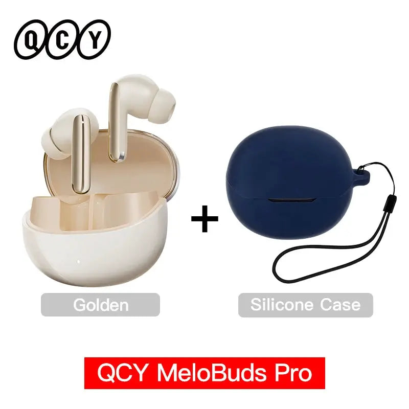 QCY MeloBuds Pro wireless earbuds in gold charging case and navy silicone case