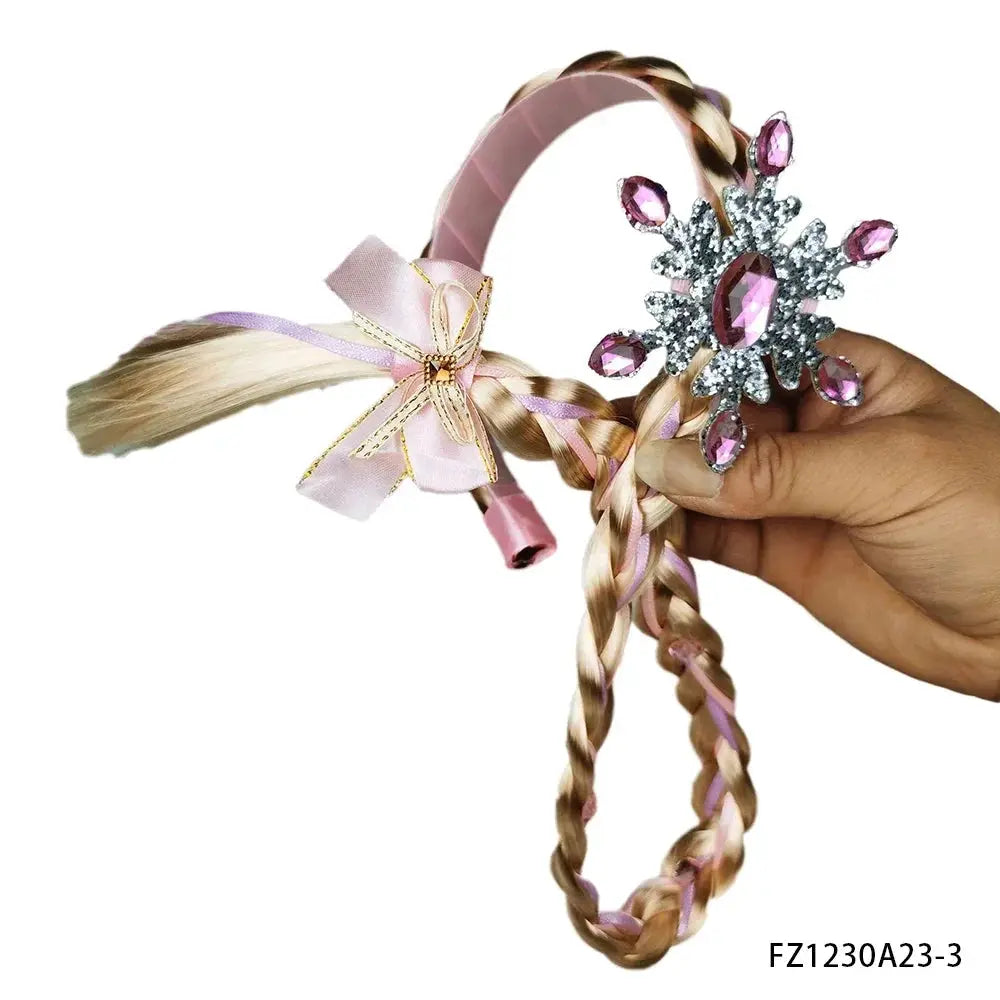 Princess Rapunzel braided wig headband with pink ribbons, blonde braids, and crystal flower embellishment