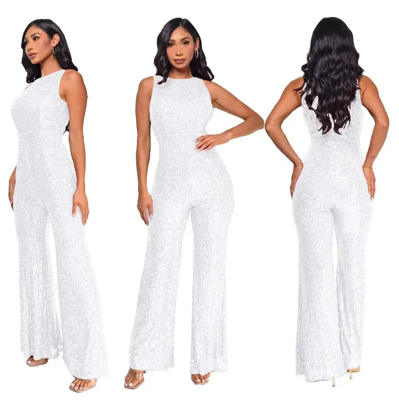 Jumpsuit white sequin, sleeveless, high-waist, wide-leg; Simples Market front and back views