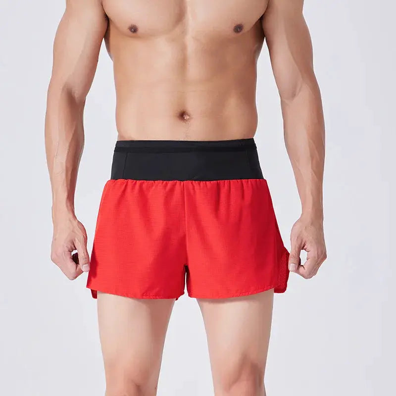 Men's red quick-dry running shorts with black waistband, breathable outdoor athletic wear by Simples Market